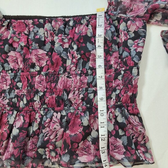 Lucy Paris Moody Floral Peplum Top Shirred Waist Ruffle Hem Balloon Sleeve Sz M - Picture 6 of 9